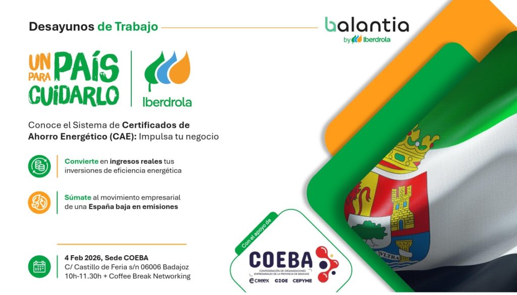COEBA celebra el 4 de febrero un desayuno empresarial abierto con Iberdrola para informar sobre cómo generar ingresos con el Sistema de Certificados de Ahorro Energético