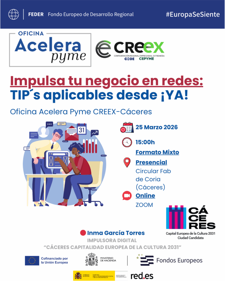 Acelera Pyme CREEX-Cáceres celebra el miércoles 25 en Coria una jornada sobre RRSS para ayudar al comercio a mejorar su presencia digital