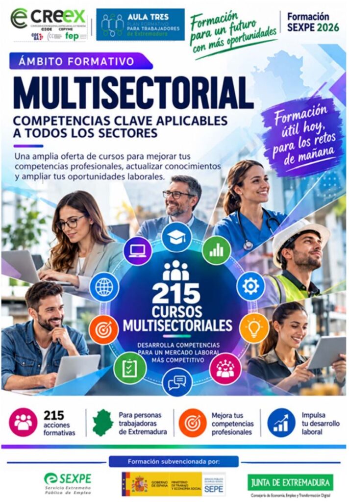Aula3 impulsa la difusión de 215 acciones formativas multisectoriales del SEXPE para mejorar las competencias transversales de las personas trabajadoras de Extremadura